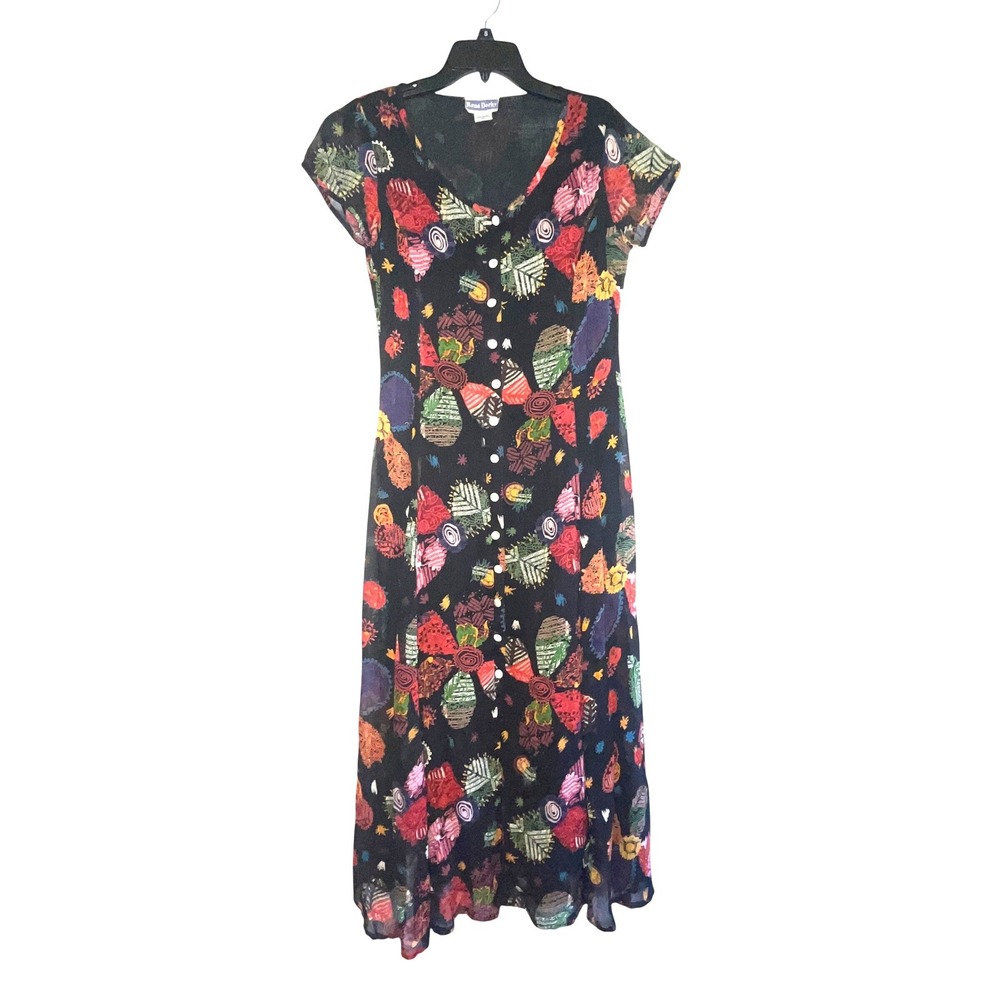 Rene Derhy Vintage Rayon Abstract Floral Print Button Front Maxi‎ Dress Black Lg